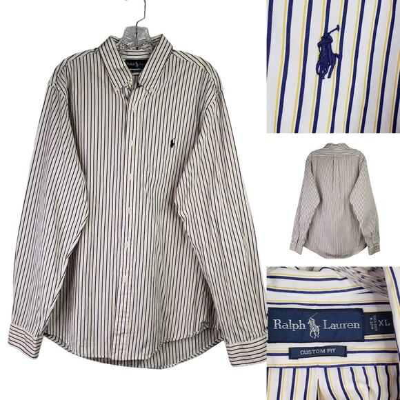 Polo Ralph Lauren Oxford Shirt Men's XL LS Button Down Stripe Blue Yellow White - Picture 1 of 10